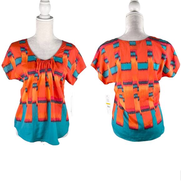 Calvin Klein Firecracker Blouse Small Orange Teal Short Sleeves New - Picture 1 of 12